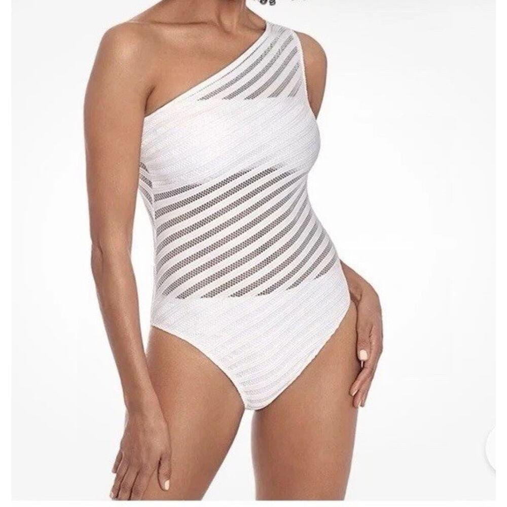 Lauren Ralph Lauren White Mesh One Shoulder One-Piece Swimsuit $170 Sz 16 NWT
